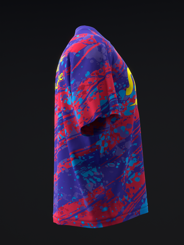 Purple and red bowling jersey with abstract splatter pattern, side view