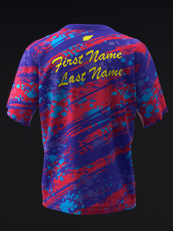 Purple bowling jersey back view with red and blue splatter pattern and yellow name text