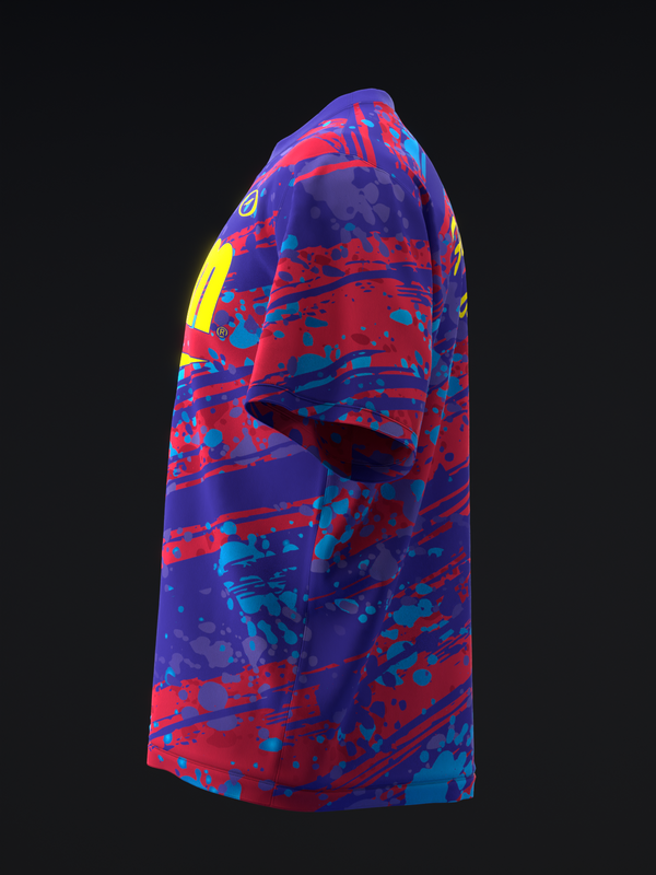 Bowling jersey with blue, red, and purple abstract splatter pattern and yellow accents, side view