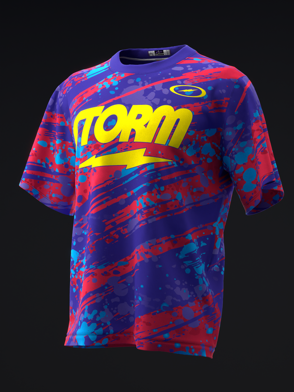 Purple, red, and blue splatter bowling jersey with yellow Storm text, front view