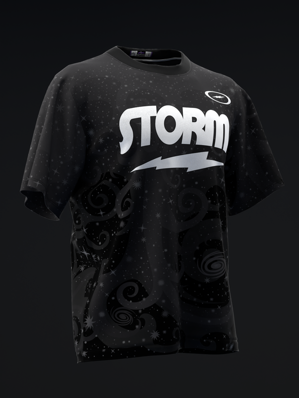 Black bowling jersey with white Storm logo and swirl pattern design, front view
