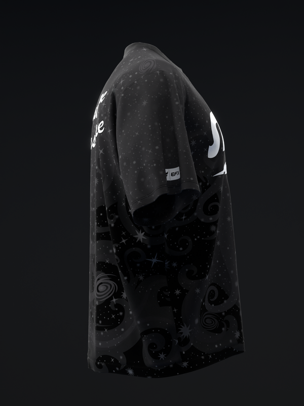 Black bowling jersey with celestial stars and swirl design on back view