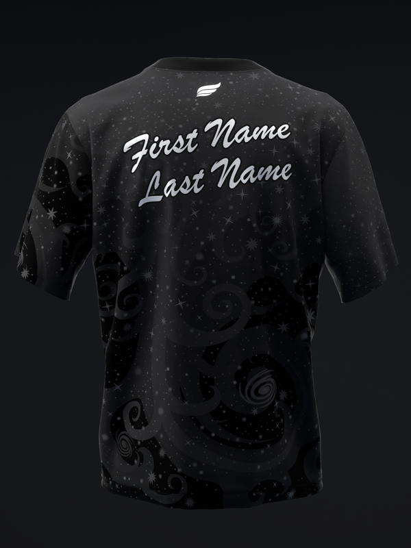 Black bowling jersey with customizable name text and celestial star pattern design, back view