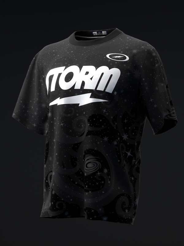 Black bowling jersey with white Storm logo and scattered star pattern design