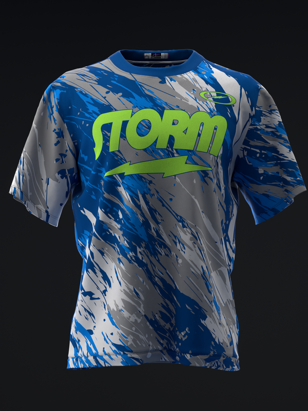 Blue and gray bowling jersey with lime green Storm graphic and lightning bolt design