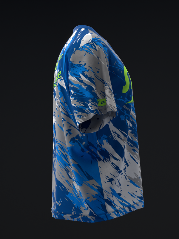 Blue and gray bowling jersey with abstract paint splatter pattern and neon accents, side view