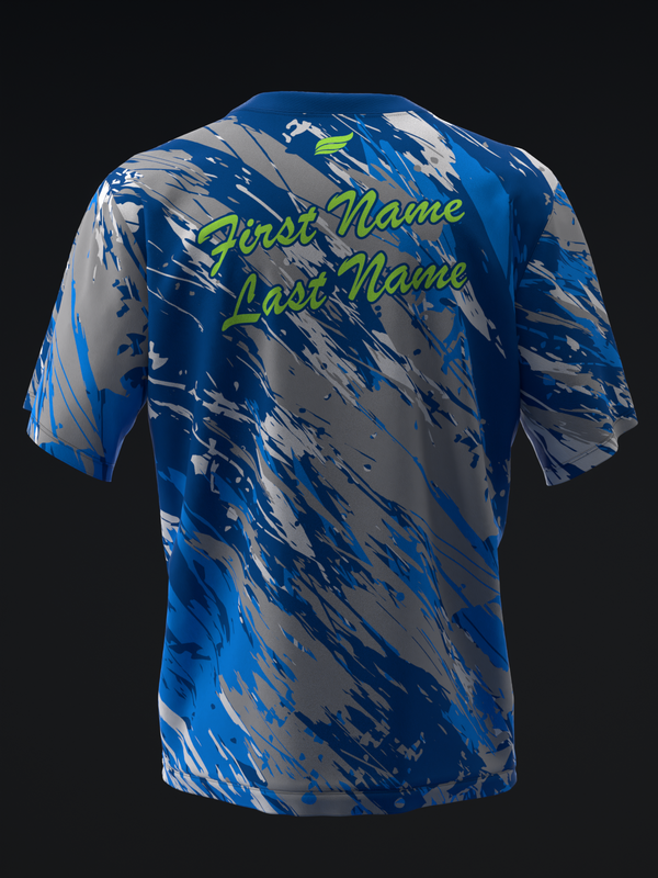 Blue and gray abstract camo bowling jersey back with green name customization