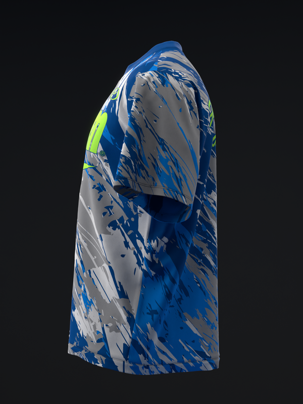 Blue and gray bowling jersey with abstract brush stroke pattern and neon accent