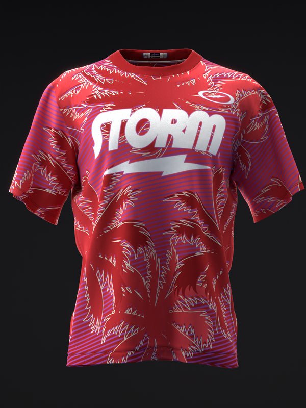 Red bowling jersey with white Storm text and tropical leaf pattern throughout