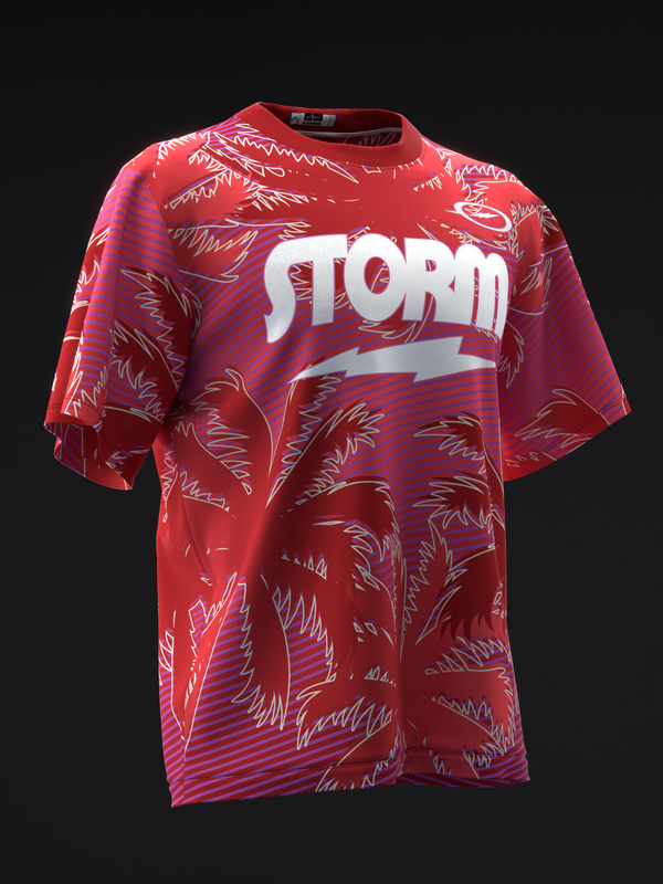 Red bowling jersey with white Storm logo and tropical leaf pattern throughout