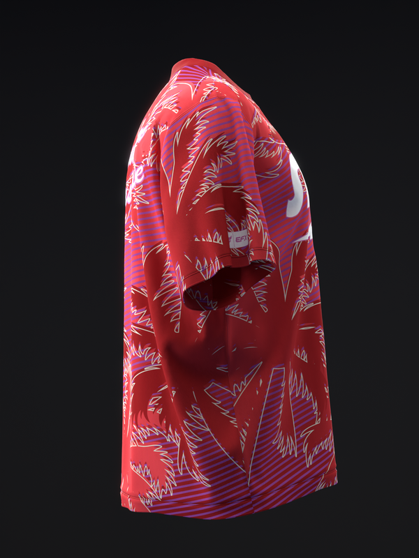 Red bowling jersey with white tropical leaf graphic design, side view