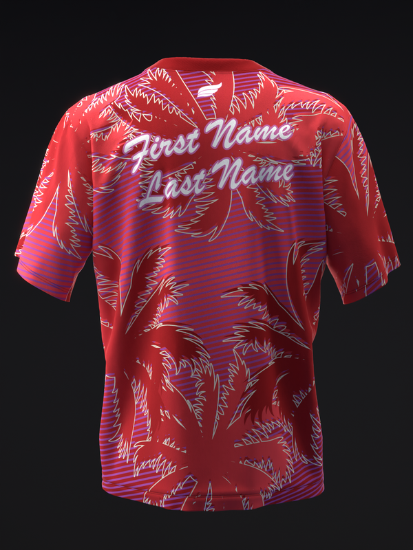 Red bowling jersey back view with feather pattern and personalization text