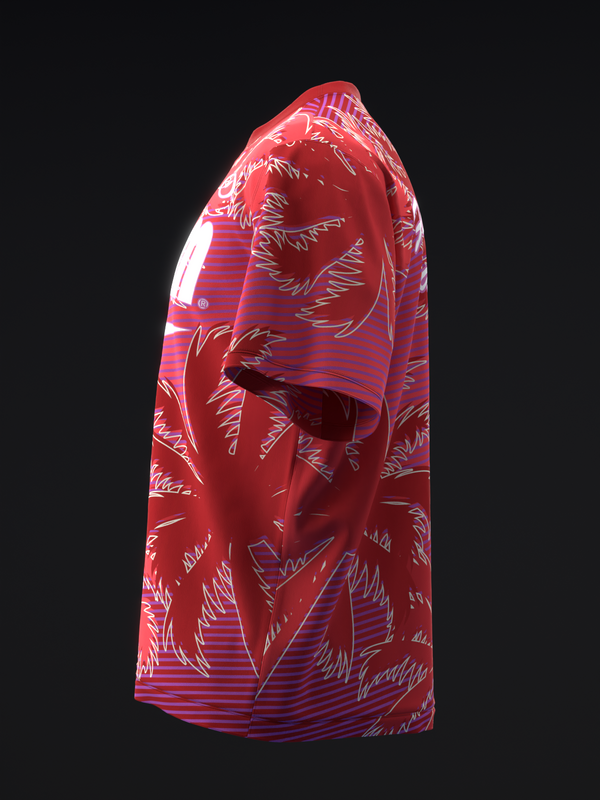 Red bowling jersey with tropical leaf graphic and striped pattern, side view