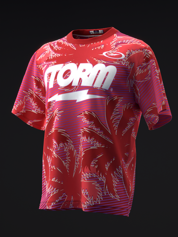 Red bowling jersey with white Storm branding and tropical leaf graphic pattern