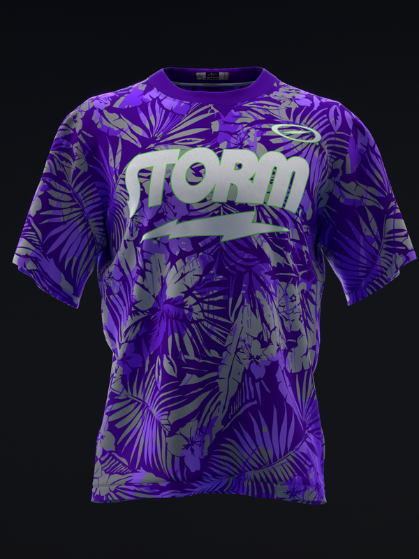 Purple bowling jersey with tropical leaf pattern and Storm text graphic front view