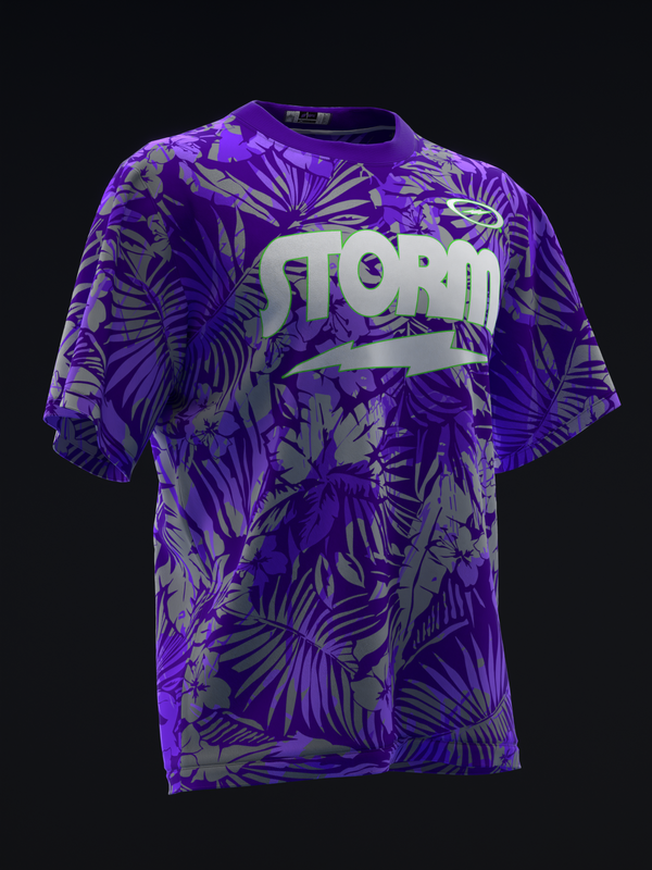 Purple bowling jersey with tropical leaf pattern and Storm logo on front