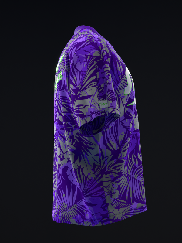 Purple bowling jersey with tropical leaf and feather graphic design, side view