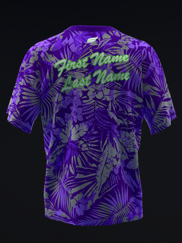 Purple bowling jersey with tropical leaf and flower pattern, lime text overlay, back view