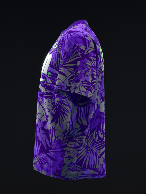 Purple and gray tropical leaf pattern bowling jersey, side view
