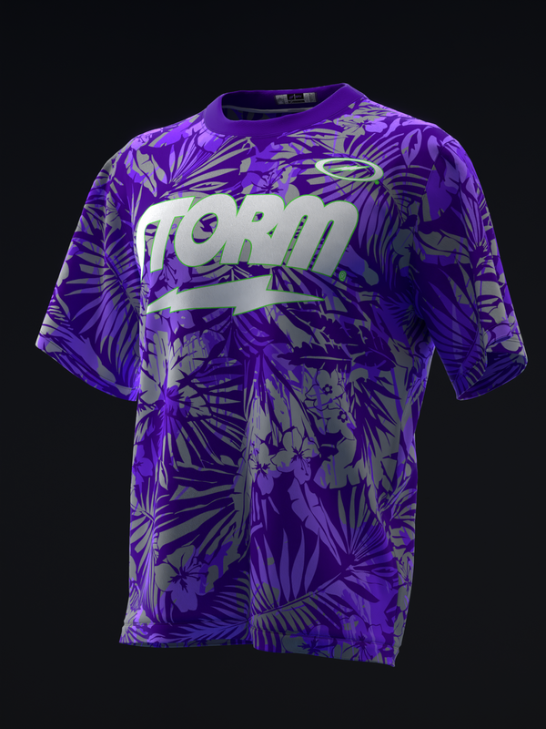 Purple bowling jersey with tropical floral pattern and white Storm logo