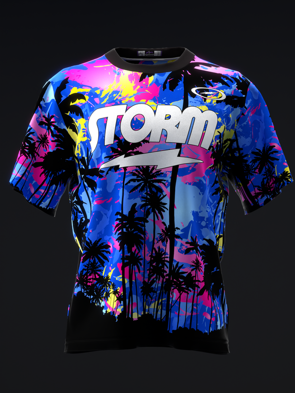 Storm bowling jersey with vibrant tropical palm tree pattern and neon colors