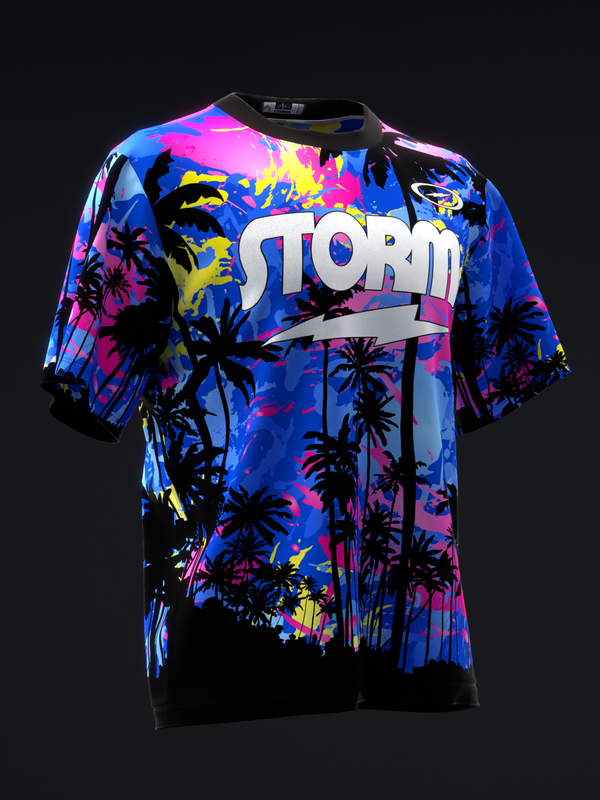 Colorful bowling jersey with tropical palm tree pattern and neon accents