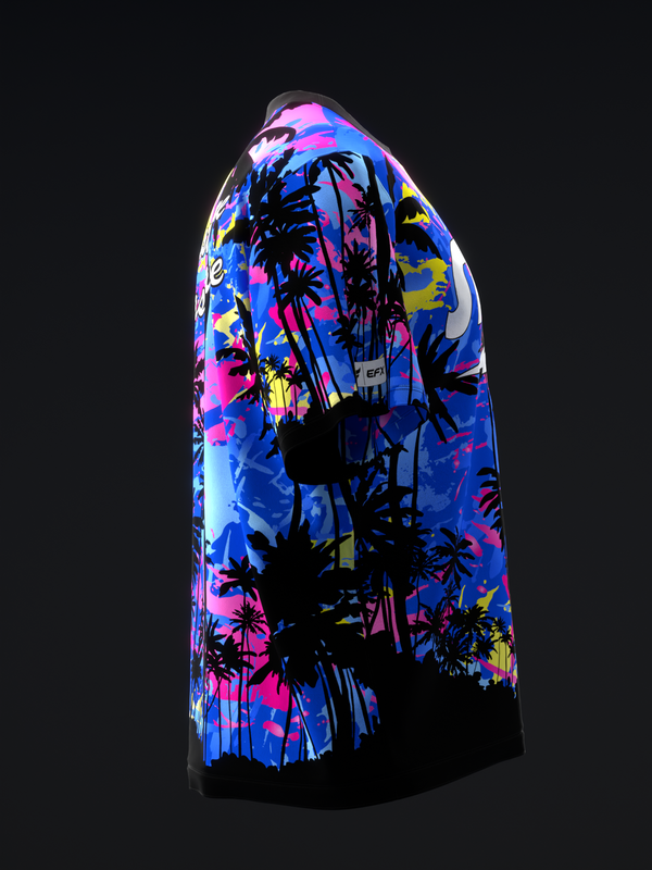 Bowling jersey with vibrant tropical palm tree graphic on blue and pink base