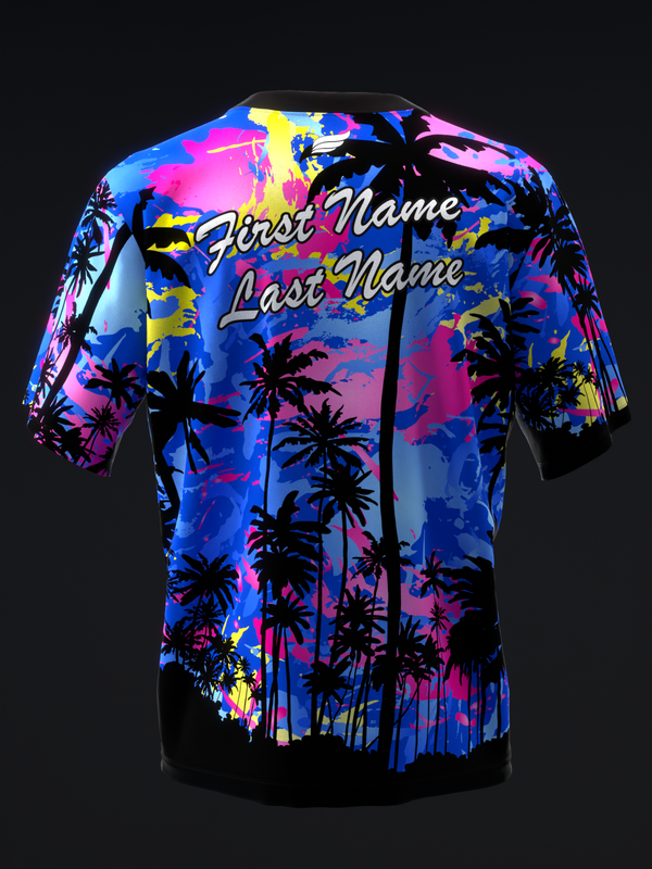 Bowling jersey with vibrant neon tropical sunset and palm tree design