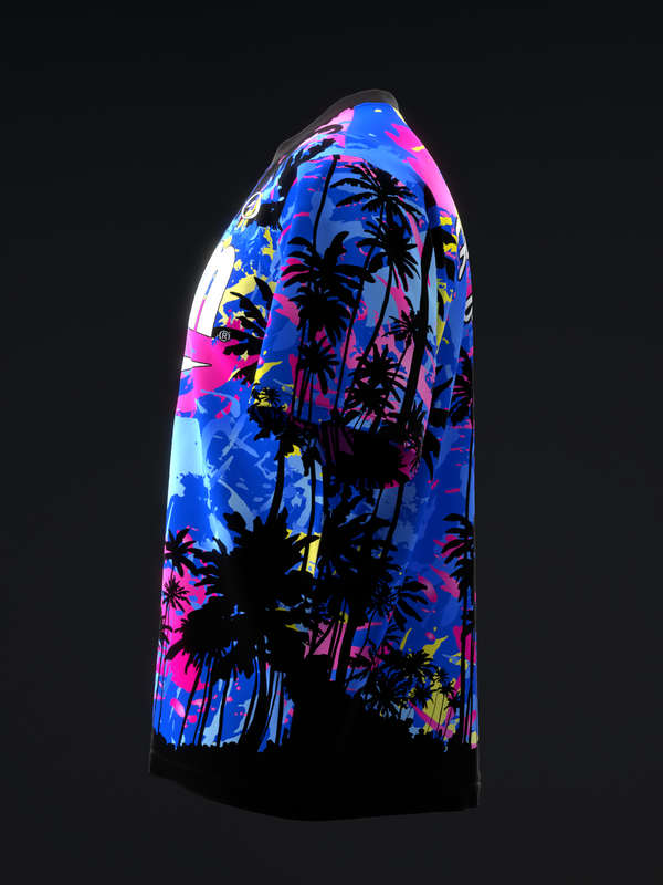 Bowling jersey with vibrant tropical palm tree design in blue, magenta, and yellow