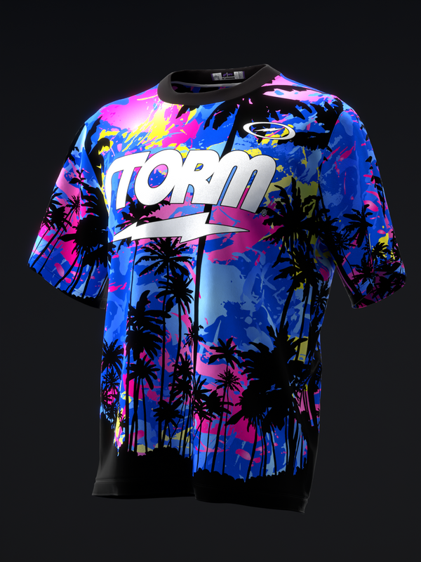 Storm bowling jersey with neon tropical print and palm tree silhouettes