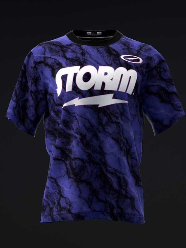 Purple tie-dye bowling jersey with white Storm logo and lightning bolt graphic