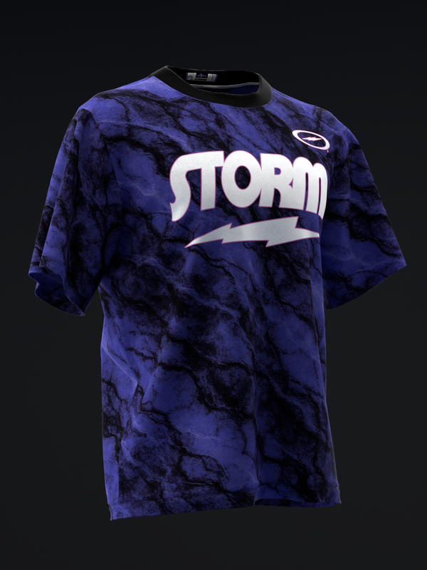 Purple and black tie-dye bowling jersey with white Storm text and lightning bolt graphic