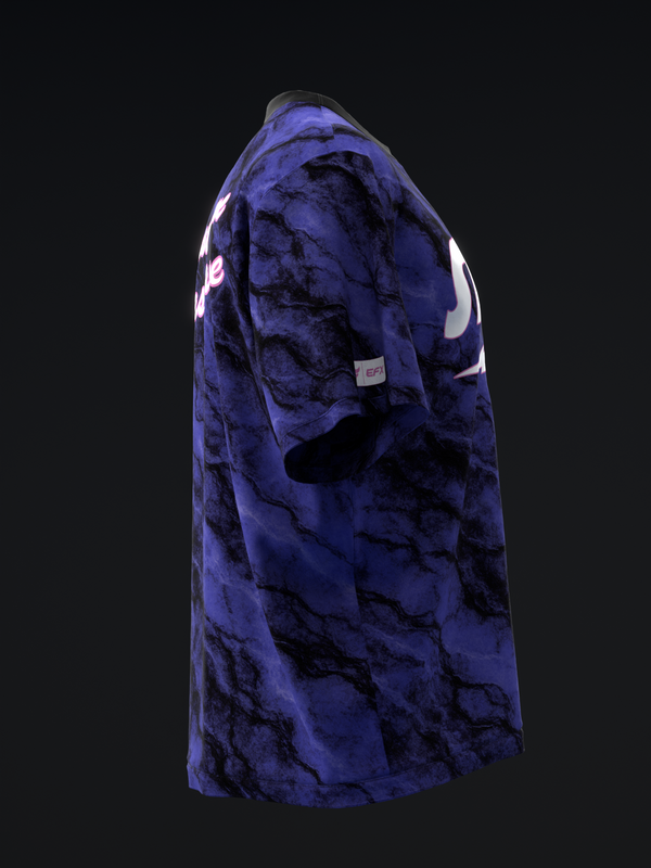 Purple bowling jersey with black abstract water pattern and white shoulder accents, side view