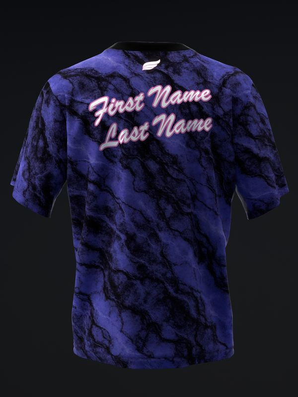 Blue and black marbled bowling jersey with pink script text customization