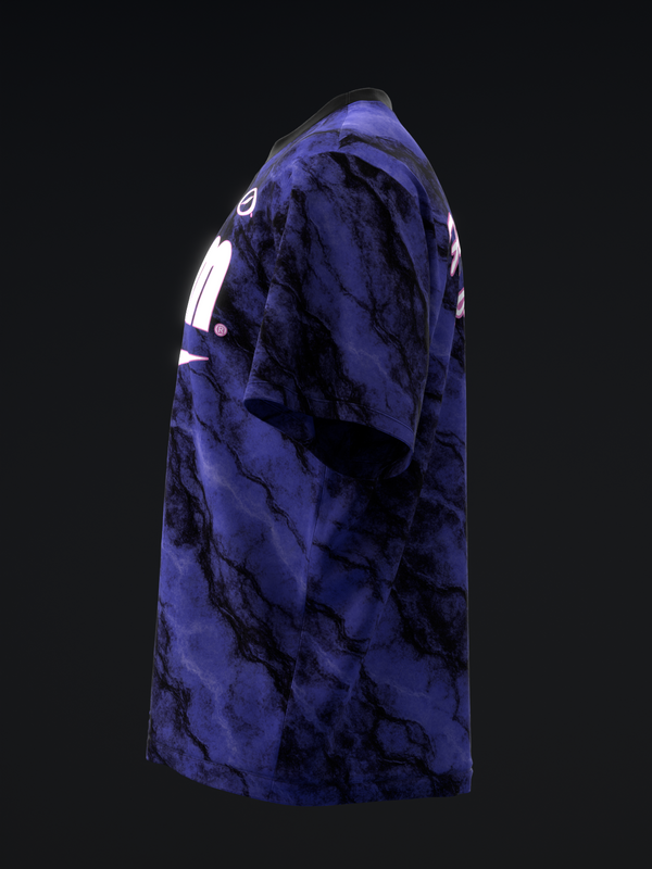 Purple bowling jersey with black marble texture and white shoulder accents, side view