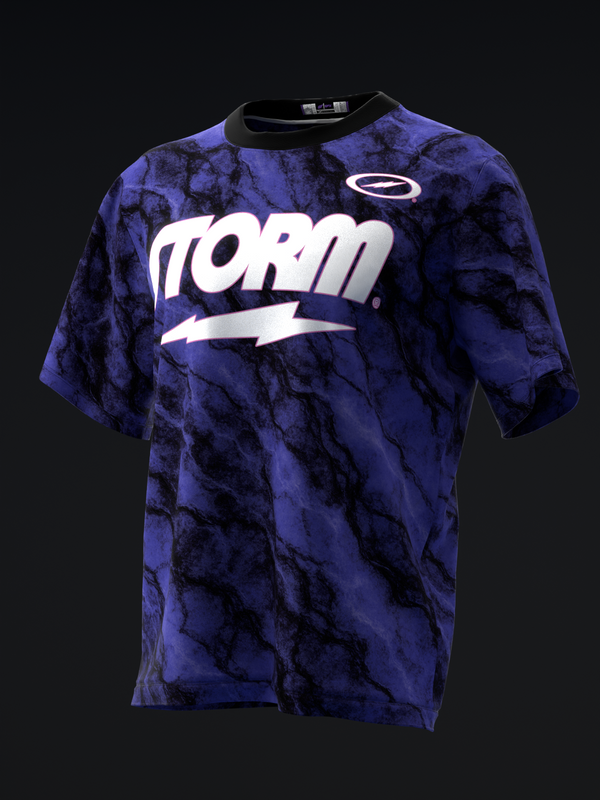Purple and black tie-dye bowling jersey with white Storm logo and lightning bolt graphic