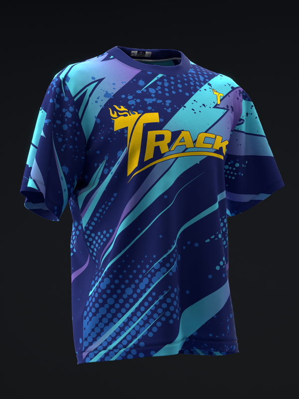 Navy bowling jersey with cyan and purple diagonal stripes and yellow Track logo