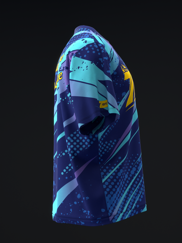 Navy bowling jersey with cyan, turquoise, and yellow abstract geometric pattern, side view
