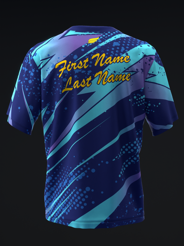 Dark blue bowling jersey with cyan diagonal stripes and dot pattern, back view
