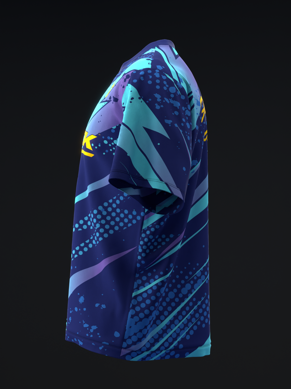 Dark blue bowling jersey with cyan, purple, and yellow abstract geometric pattern, side view