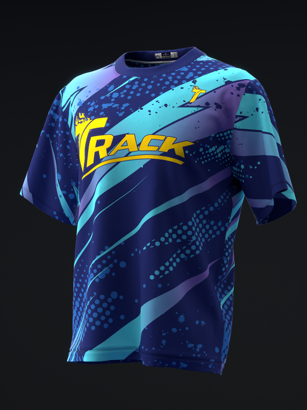 Navy bowling jersey with cyan and purple diagonal stripes and yellow Track logo