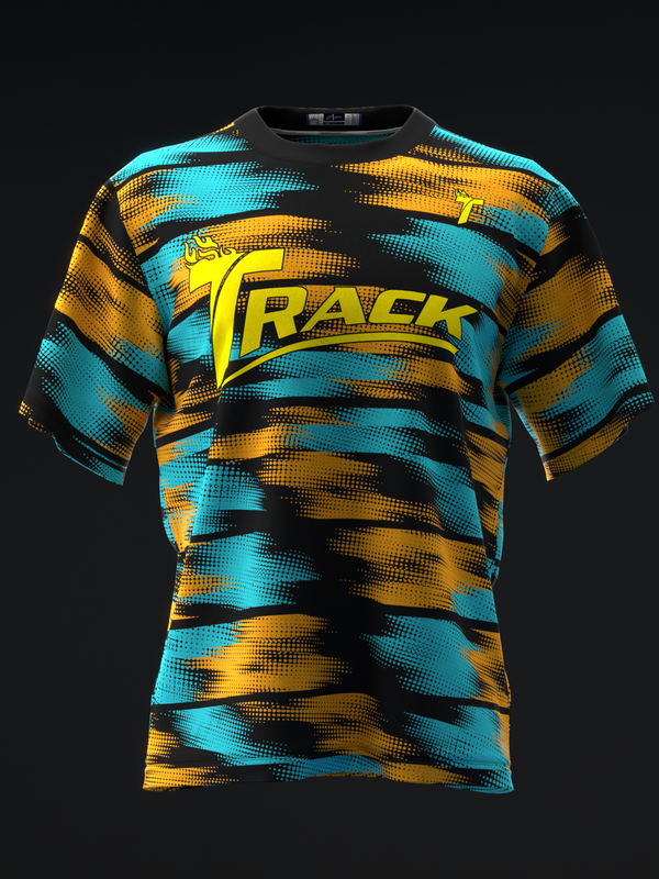Black bowling jersey with cyan and gold diagonal stripe pattern and Track logo