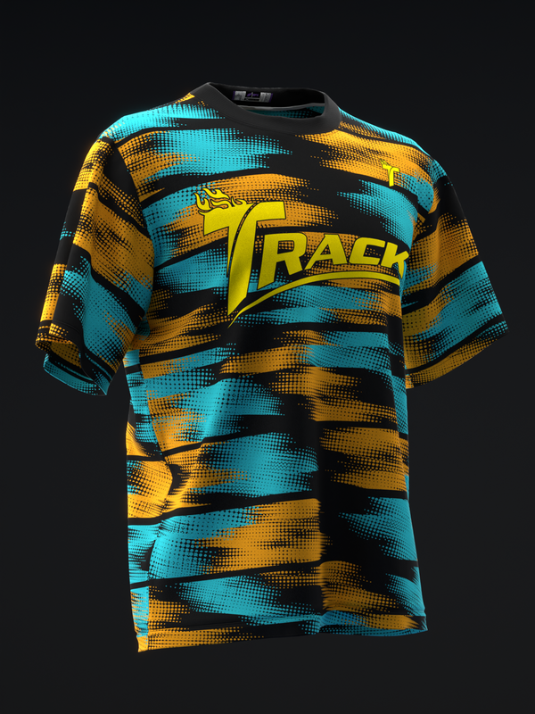 Black bowling jersey with cyan and gold horizontal striped pattern and Track logo