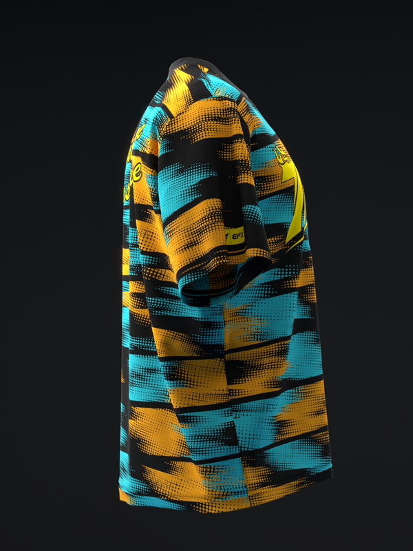 Bowling jersey with cyan, yellow, and black geometric halftone pattern, front view