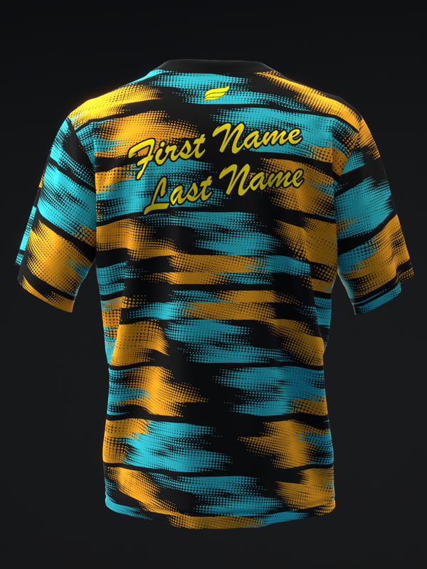 Bowling jersey back view with cyan, gold, and black striped pattern and personalization text