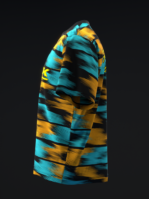 Cyan, gold, and black striped bowling jersey displayed from the front side view