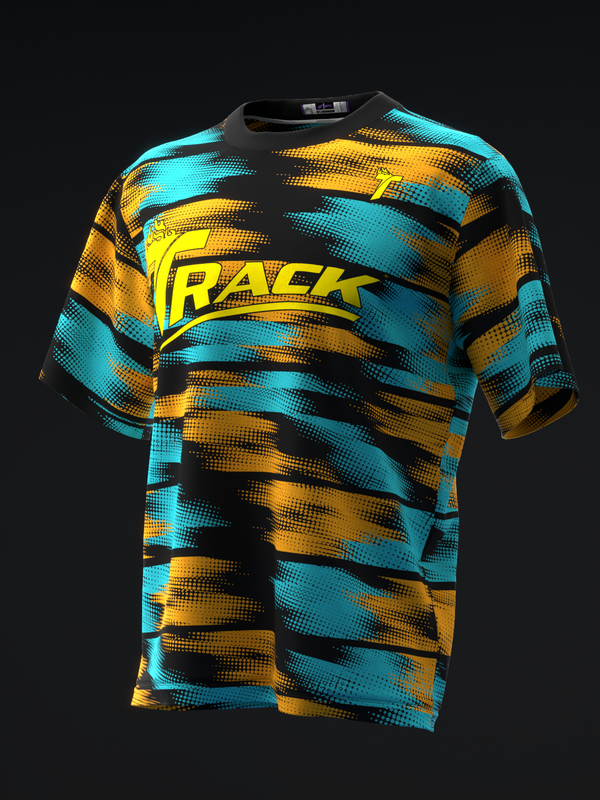 Black bowling jersey with cyan, yellow, and gold horizontal striped pattern and yellow Track logo across chest