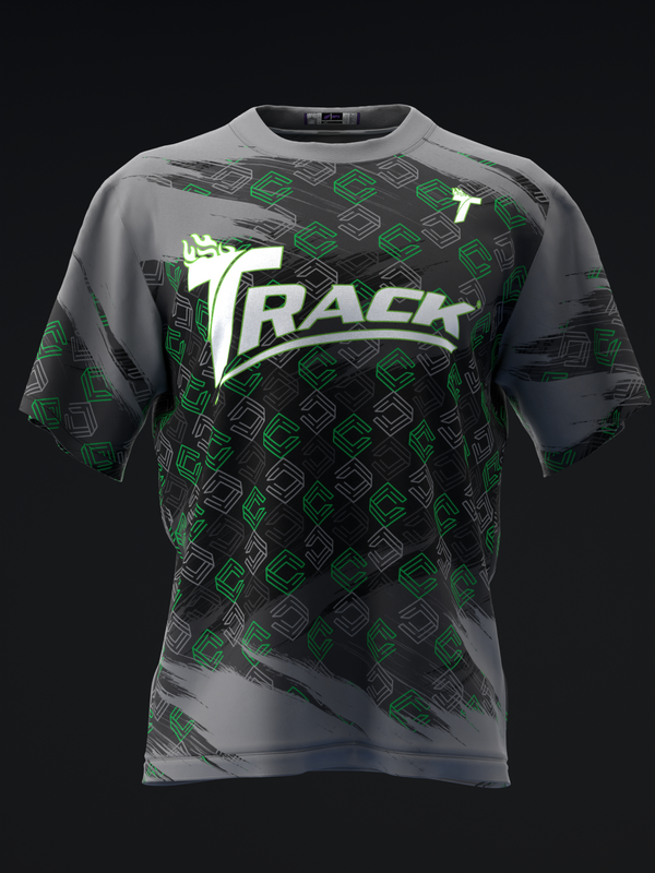 Track bowling jersey front view with green and gray diamond pattern and logo