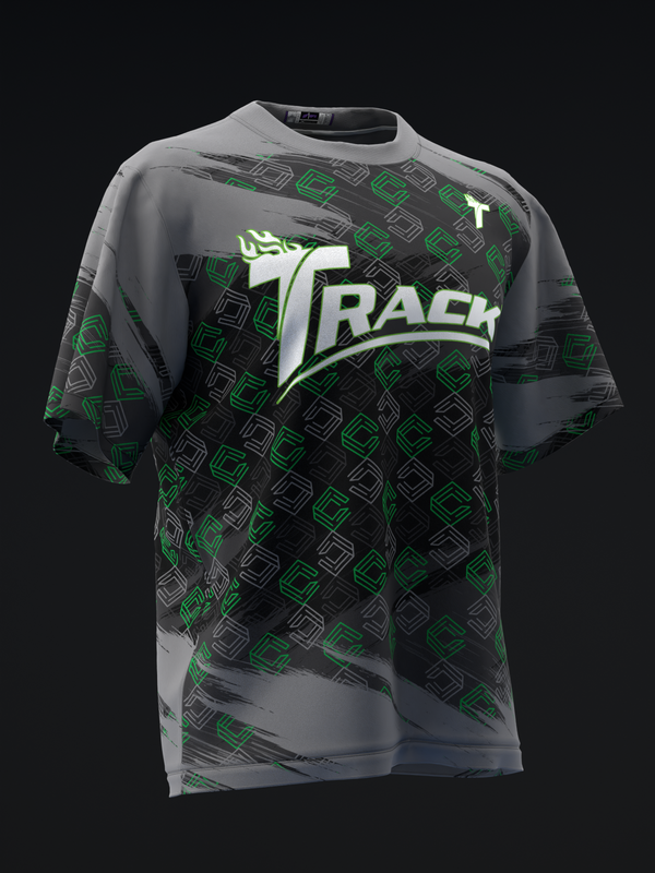 Black and gray bowling jersey with green geometric pattern and white Track logo