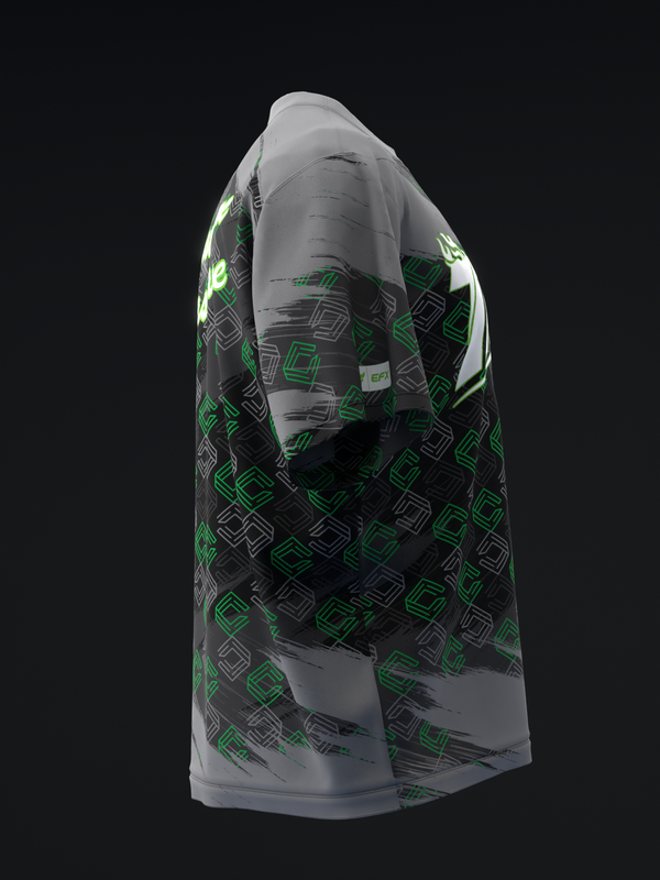 White bowling jersey with black and neon green geometric square pattern, side view